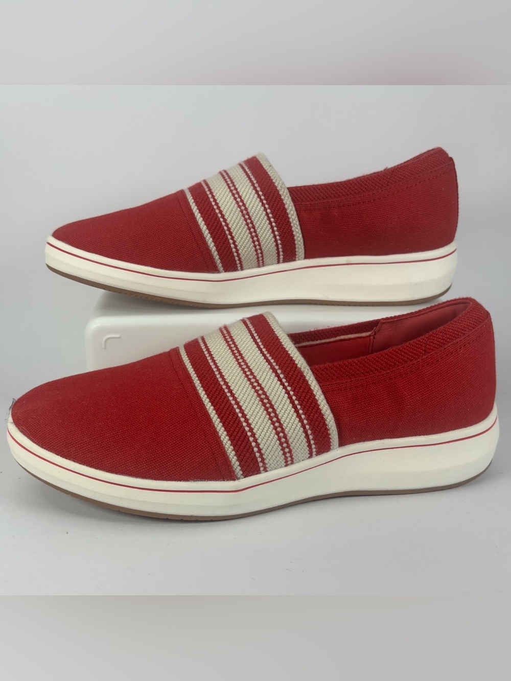 Clarks Red Slip-On Mules with Striped Elastic Band